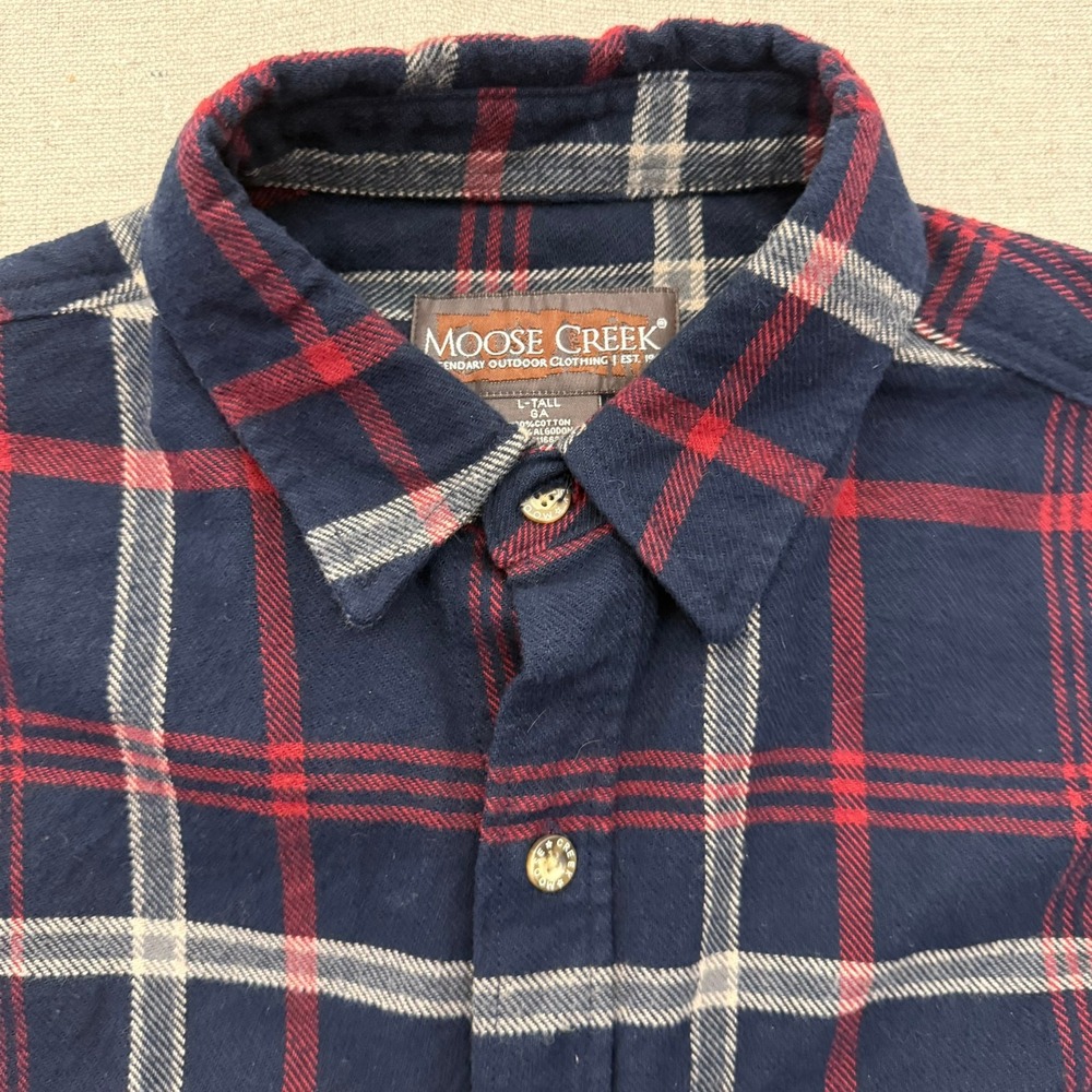 Moose Creek Mens L Tall Flannel Shirt Navy Red Plaid Cotton Button Down Outdoor
